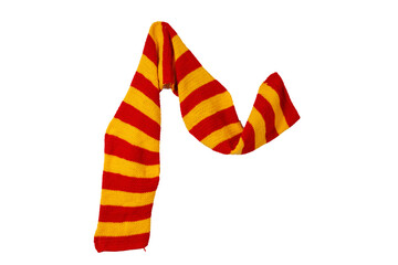 Fototapeta na wymiar hanging red-yellow striped wool scarf isolated on white background