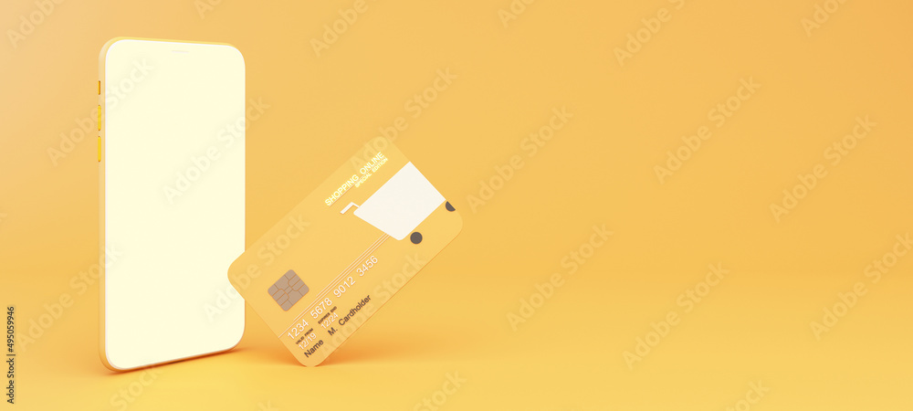 Wall mural Close up of shopping online design on credit card, levitating template mockup Bank credit card with online service isolated on yellow background on smartphone screen display copy space 3d rendering - Wall murals