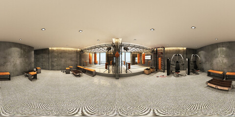 Boxing ring Boxing gym with equipment training in industrial loft style and with and carpet floor fitness equipment for boxers 3d rendering 360 degrees panoramic view