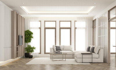 Interior design in vintage minimalist style in the living room area. using wood material and light gray cloth on parquet floor and sub frame wood walkways in an apartment with large windows 3d render