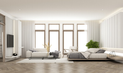 Interior design in vintage minimalist style in the bedroom room area. using wood material and light gray cloth on parquet floor and sub frame wood walkways in an apartment with large windows 3d render