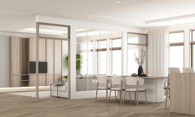 Interior design in vintage minimalist style in the dining room area. using wood material and light gray cloth on parquet floor and sub frame wood walkways in an apartment with large windows 3d render