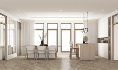 Interior design in vintage minimalist style in the dining room area. using wood material and light gray cloth on parquet floor and sub frame wood walkways in an apartment with large windows 3d render