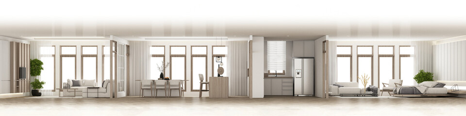 Interior in vintage minimalist style in the living dining  bedroom. using wood material and light gray cloth on parquet floor and subframe walkways in apartment with large windows 3d render panorama