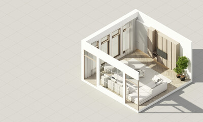 Fototapeta na wymiar Interior in vintage minimalist style in the living room. using wood material and light gray cloth on parquet floor and frame walkways in an apartment with large windows 3d render isometric