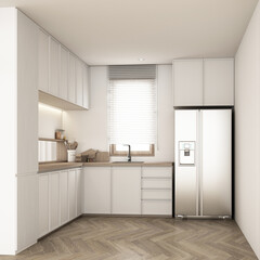 The kitchen is designed in minimalist style and made of wood material, with wood counter top with hidden lights and a sink, stove and refrigerator on parquet floors. 3d render