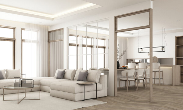 Interior design in vintage minimalist style in the living room area. using wood material and light gray cloth on parquet floor and sub frame wood walkways in an apartment with large windows 3d render