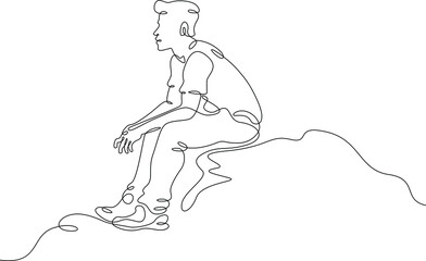 Obraz na płótnie Canvas A man sits on the edge of a cliff. A young man sits alone on a rock. Romantic anticipation. A teenager is sad in loneliness.One continuous line drawing. Line Art isolated white background.