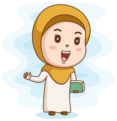 Happy muslim girl holding Quran book. Vector illustration