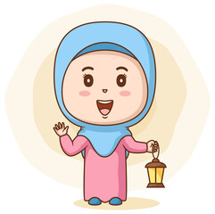 Happy muslim girl holding lantern. Vector illustration