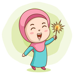 Happy muslim girl playing firework. Vector illustration