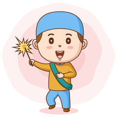 Happy muslim boy playing firework. Vector illustration
