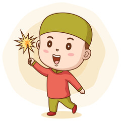 Muslim little kid playing a firework. Vector illustration