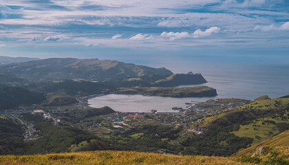 Aerial point of view view a shore of island of Shikotan in Kuril Islands,Russia.