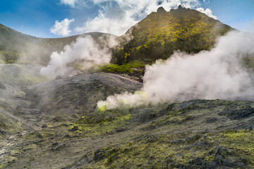 Volcanic activity, sulfur fumarole and hot gas on Kunashir Island, Kuril islands.