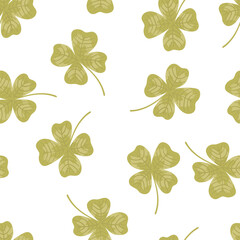 Four leaf clover vector seamless pattern. Lucky clover leaf four petals cartoon texture. Green shamrock for St. Patrick's Day, Irish Holiday beer festival background for fabric, wallpaper, wrap paper