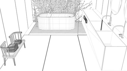 Blueprint project draft, minimalist bathroom, japanese zen style, exterior eco garden with ivy, wooden floor. Bathtub and washbasin, top view, above. Interior design concept idea