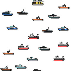 Boat Water Transportation Types Vector Seamless Pattern Thin Line Illustration