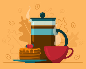 Illustration poster of a coffee drink in a coffee pot with a cup and fritters with honey and strawberries. Isolated objects on a colored background.
