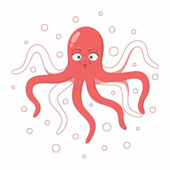 vector children's illustration of a cute octopus on a background of bubbles.