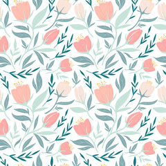Flowers Seamless vector pattern with garden tulip, plants, botanical. Cute pattern with pink flower.