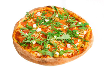 Baked pizza with cheese, tomatoes and mushrooms, close up