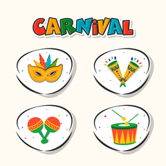Sticker Style Colorful Carnival Text With Feather Mask, Vuvuzela, Maracas, Drum Instrument On White Background.