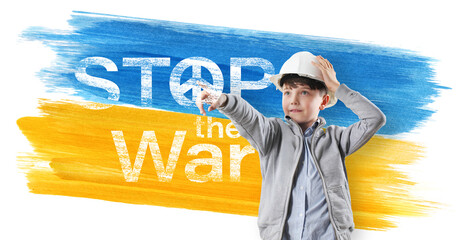 Stop war and peace for Ukraine Concept. Child with protective helmet looks to the future points...