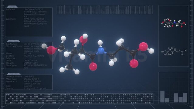 Molecule of vitamin b5 with infographics on the computer monitor, loopable 3d animation