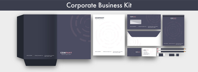 Corporate Business Kit As Folder A4, Letterhead, Double-Side Envelope, Visiting Card And Notepad For Company.