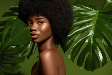 Beauty portrait. Young African American woman posing agaings tropical green leaf. Natural cosmetics concept.
