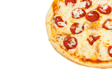 Baked pizza with cheese, tomatoes and mushrooms, close up