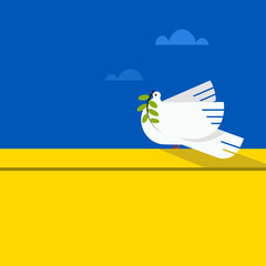Illustration of a white dove sitting against  Ukraine flag colours. Anti war concept