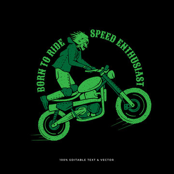 Skeleton riding motorcycle retro t shirt design design. green ghost vector illustration