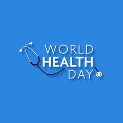 White World Health Day Font With Stethoscope On Blue Background.