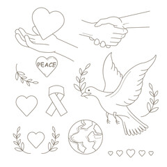 Flat line icons set, Peace outline icons. Handshake, pigeon, branch, heart