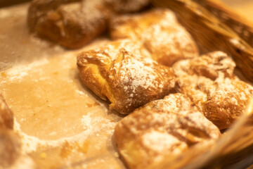 Sweet pastries. Confectionery on store counter.