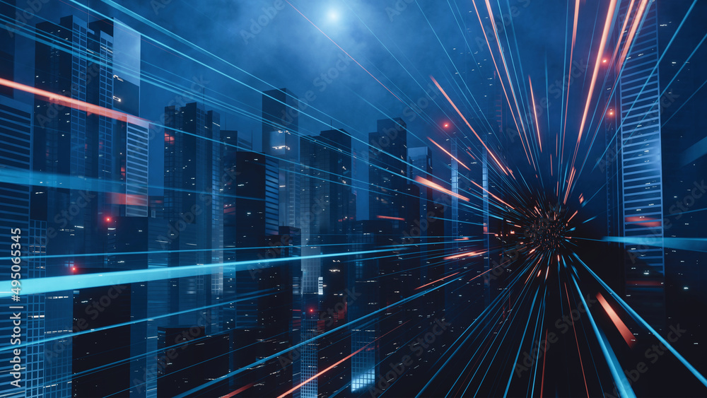 Wall mural 3d rendering of warp speed in hyper loop with blur light from buildings' lights in mega city at nigh