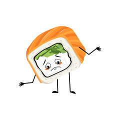 Sushi character with sad emotions, depressed face, down eyes, arms and legs. Person with melancholy expression, asian food emoticon. Vector flat illustration