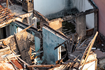 quarter of dilapidated rural houses, top view