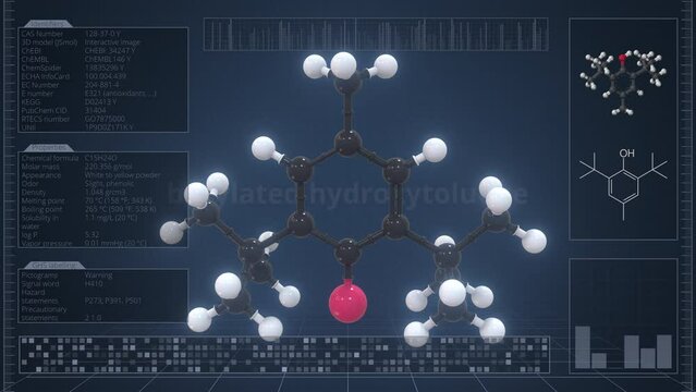 Overview of the molecule of butylated hydroxytoluene on the computer screen. Loopable 3d animation