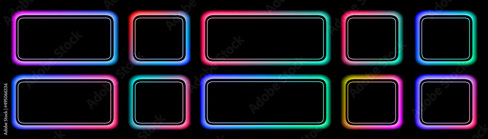 Poster Set of buttons colorful frames in neon colors, modern buttons collection oval rectangle shapes on black background, vector illustration.