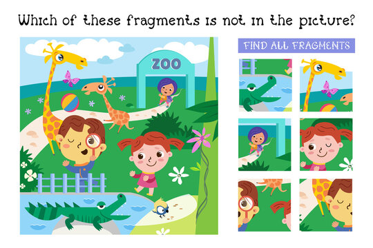 Find all fragments. Game for children. Cute children in zoo among animals. Cartoon character vector illustration.