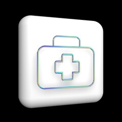 medical case for first aid, 3d icon on a white cube, rainbow metallic outline with sequins.