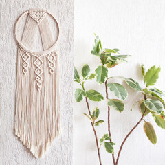Handmade cotton macrame Dream catcher on white wall background. Traditional amulet for protecting...