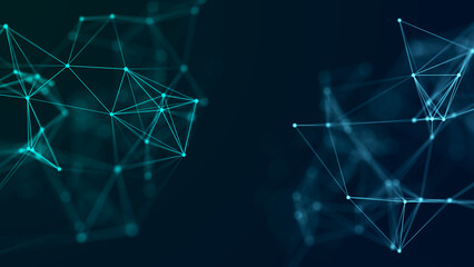 Distribution of lines and points in space. Digital background of data network connection. 3D rendering.