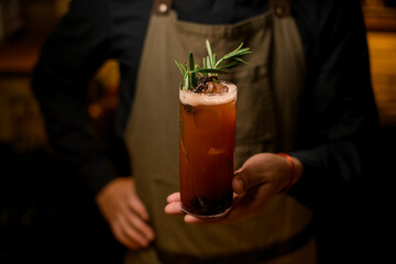tall glass of cocktail with pine cones decorated with a rosemary branch on male hand