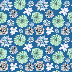 Watercolor seamless pattern with multicolored succulents on a blue background