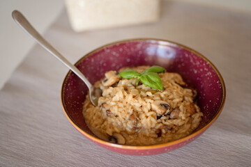 A dish of Italian cuisine - risotto from rice and mushrooms.