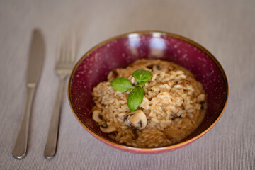 A dish of Italian cuisine - risotto from rice and mushrooms.